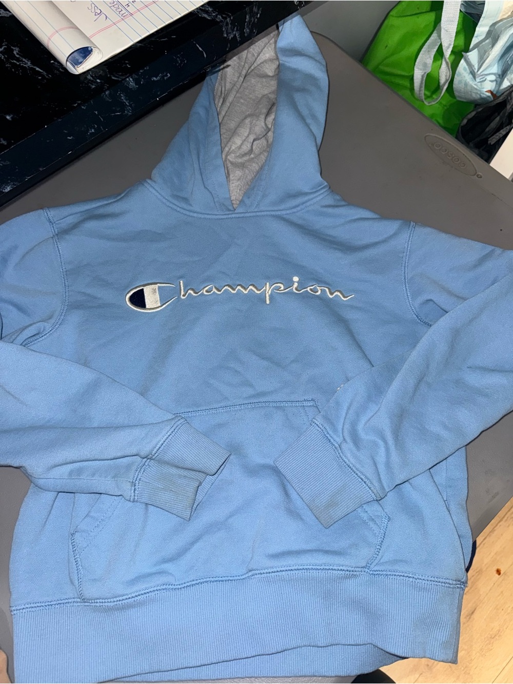 Champion Light Blue Kids Pullover Hoodie with Script Logo